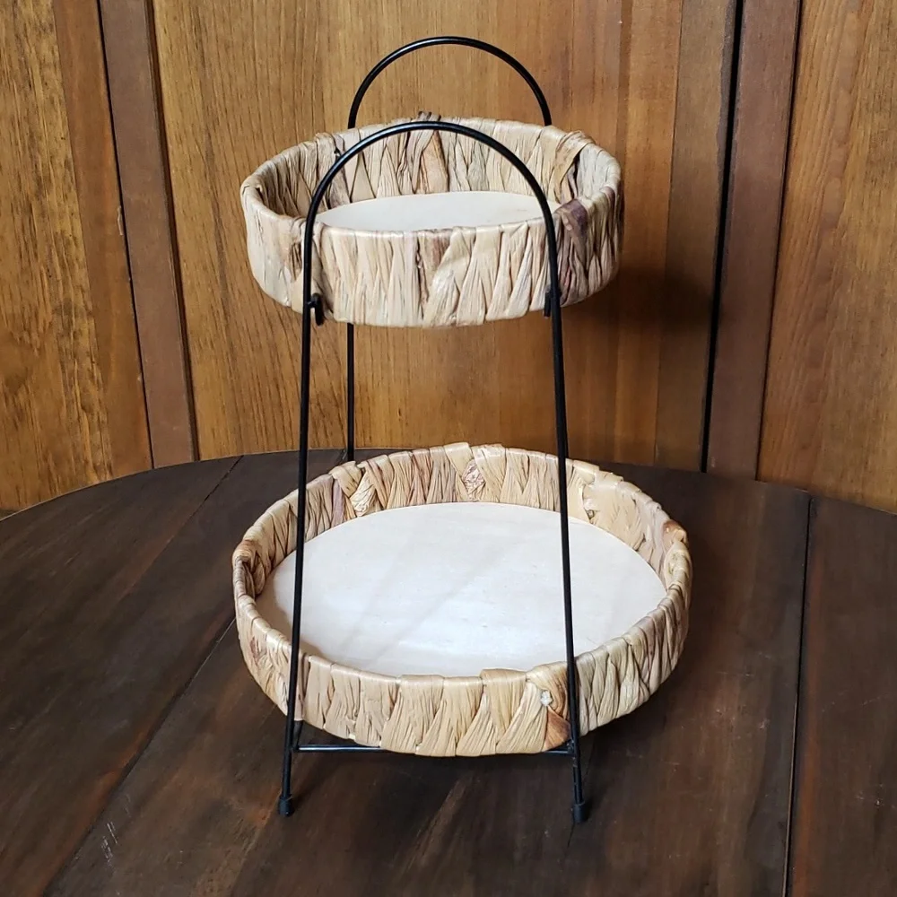 Tiered Woven Rattan Metal Tray Stand